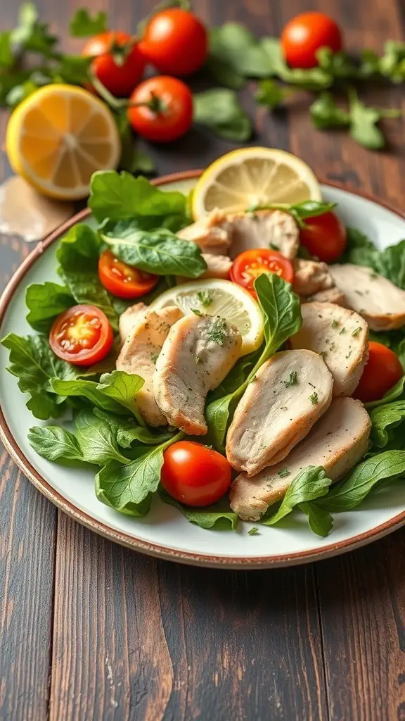 A plate of Lemon Herb Chicken Salad with sliced chicken, cherry tomatoes, and lemon slices on a bed of greens.