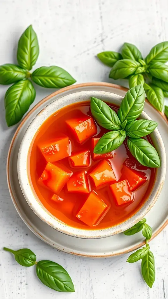 A bowl of chilled tomato basil soup garnished with fresh basil leaves
