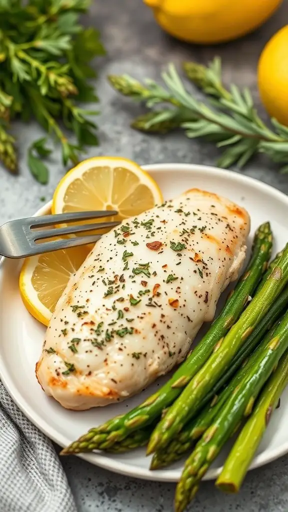 Baked lemon herb chicken with asparagus on a plate, garnished with lemon slices.