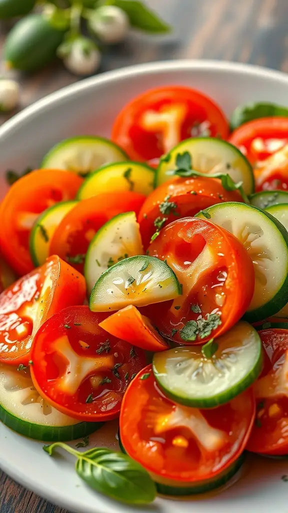 A colorful plate of sliced tomatoes and cucumbers garnished with herbs.