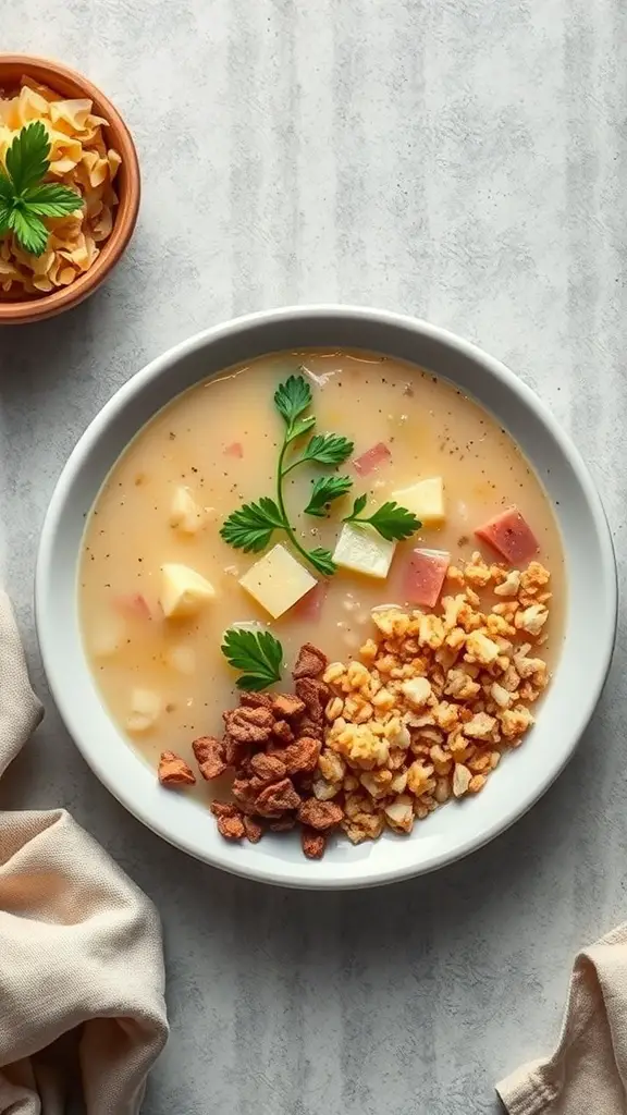 A bowl of cabbage soup with potatoes and herbs, served with crunchy toppings.