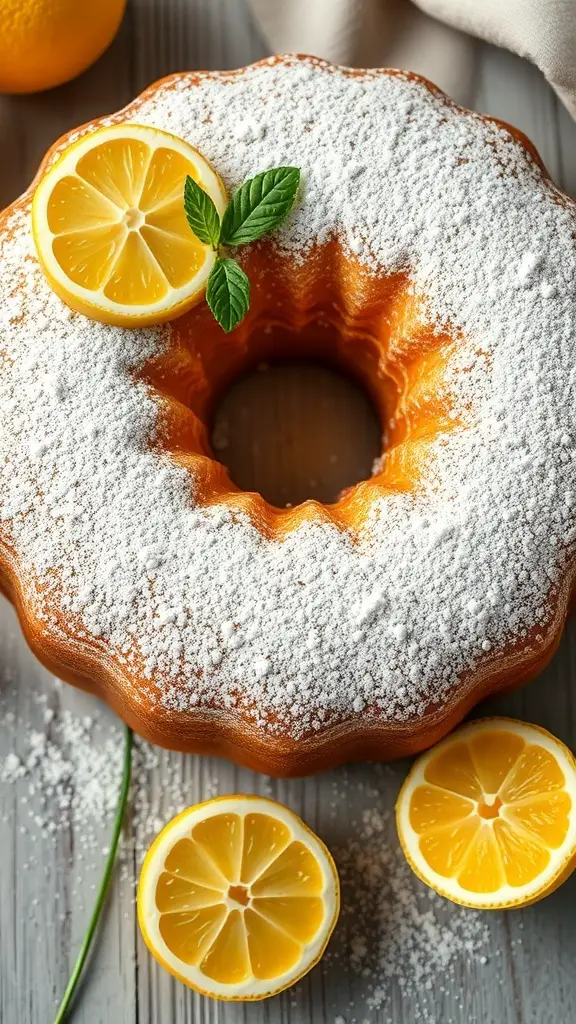 A lemon olive oil cake topped with powdered sugar and garnished with lemon slices and mint leaves.