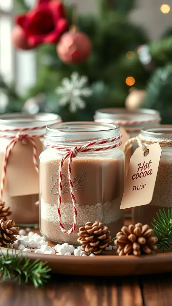 Jars of hot cocoa mix with festive decorations