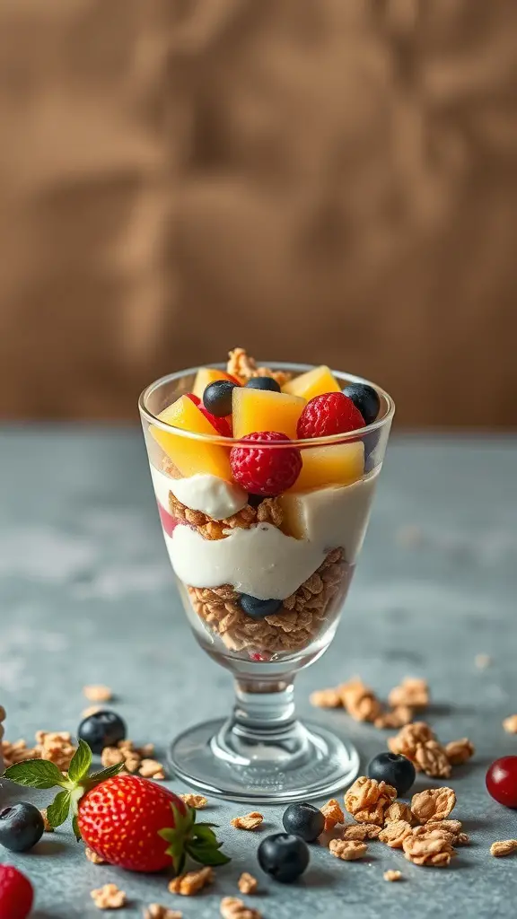 A glass of fruit-infused cottage cheese parfait with layers of cottage cheese, granola, and fresh fruits.