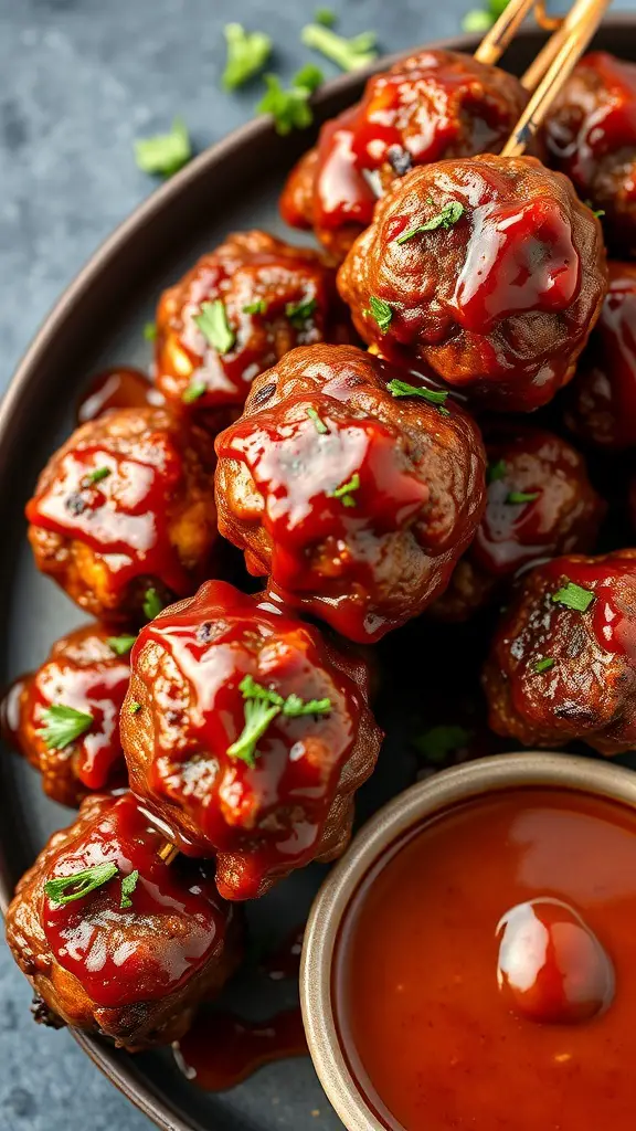 A plate of BBQ meatball skewers drizzled with sauce and garnished with herbs.