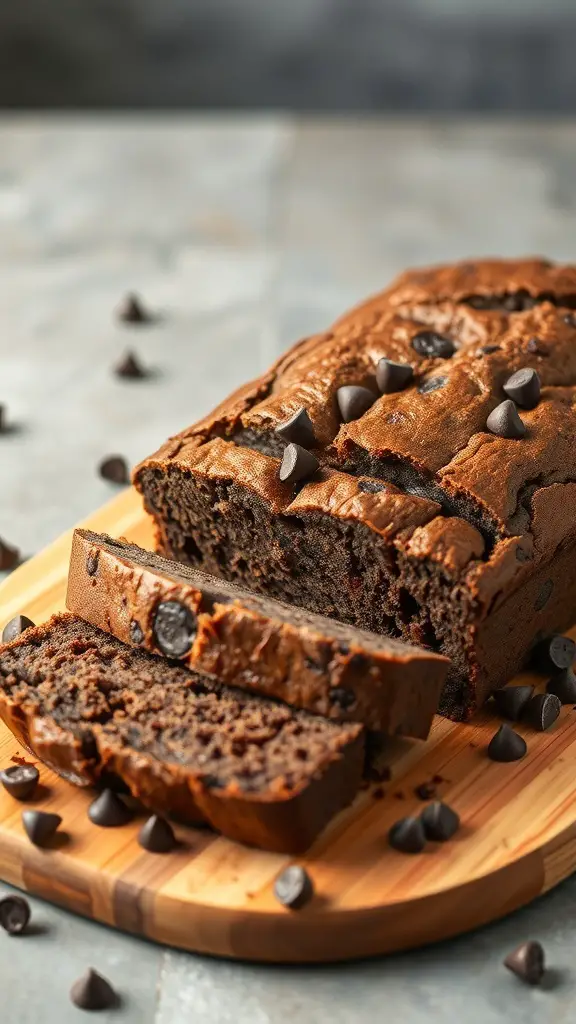 A loaf of chocolate banana bread sliced on a wooden board, with chocolate chips scattered around.