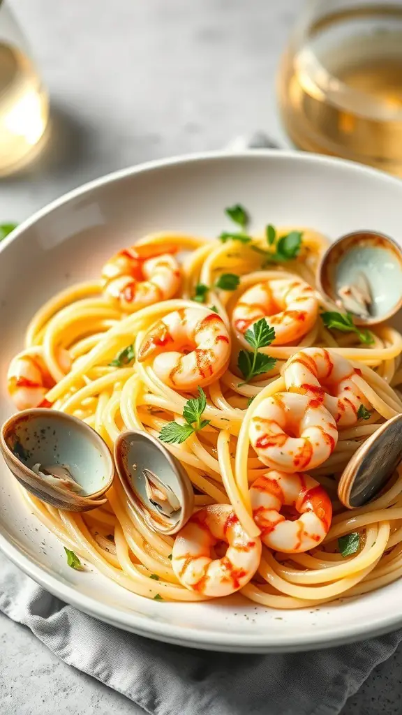 A plate of seafood linguine with clams and shrimp, garnished with parsley.