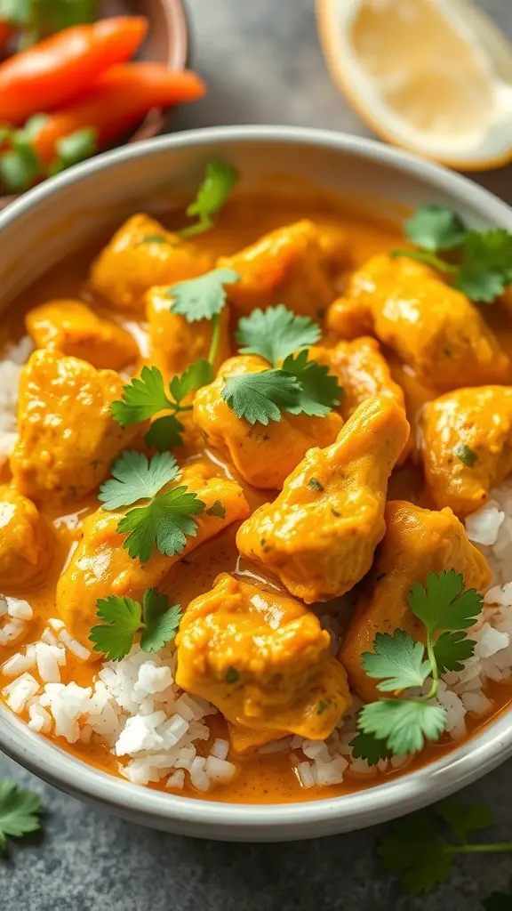 A bowl of Coconut Curry Chicken served over rice, garnished with cilantro.