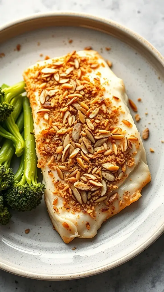 A plate of almond-crusted tilapia with broccoli on the side.