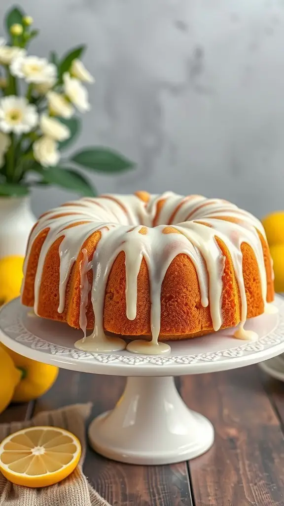 A lemon drizzle cake with icing on a white cake stand, surrounded by lemons and flowers.