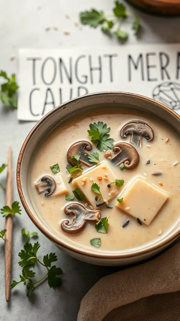 A bowl of silken tofu and mushroom soup garnished with herbs and mushrooms.