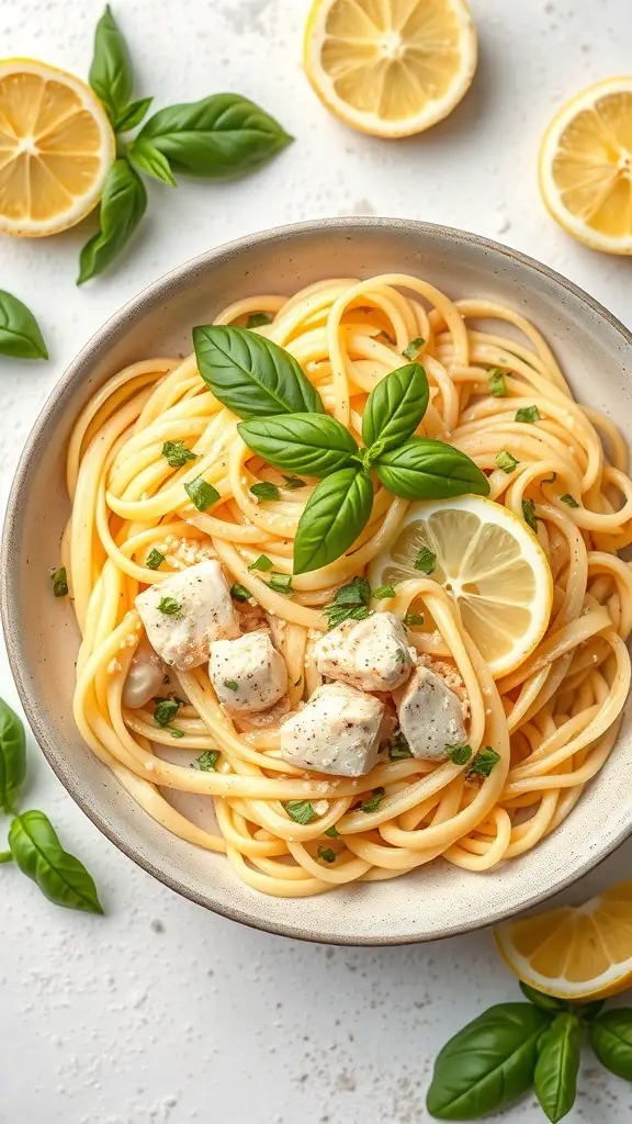 A bowl of Lemon Basil Chicken Fettuccine with lemon slices and fresh basil leaves.