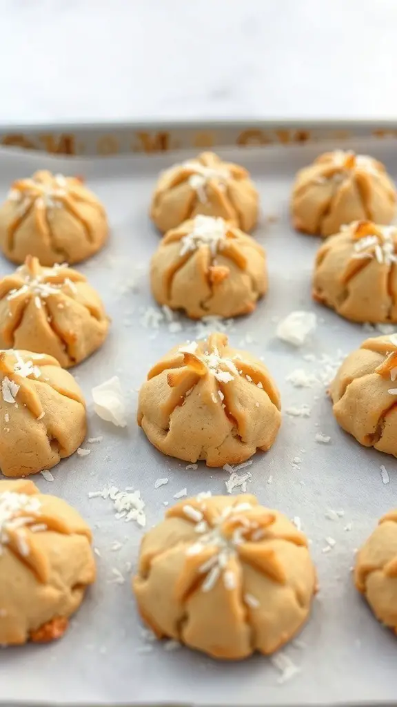 A tray of nutty coconut macaroons topped with coconut flakes.