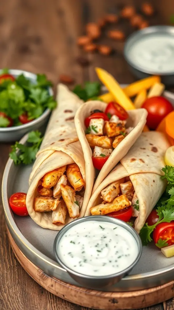 Two chicken gyros wrapped in pita with tzatziki sauce and fresh vegetables