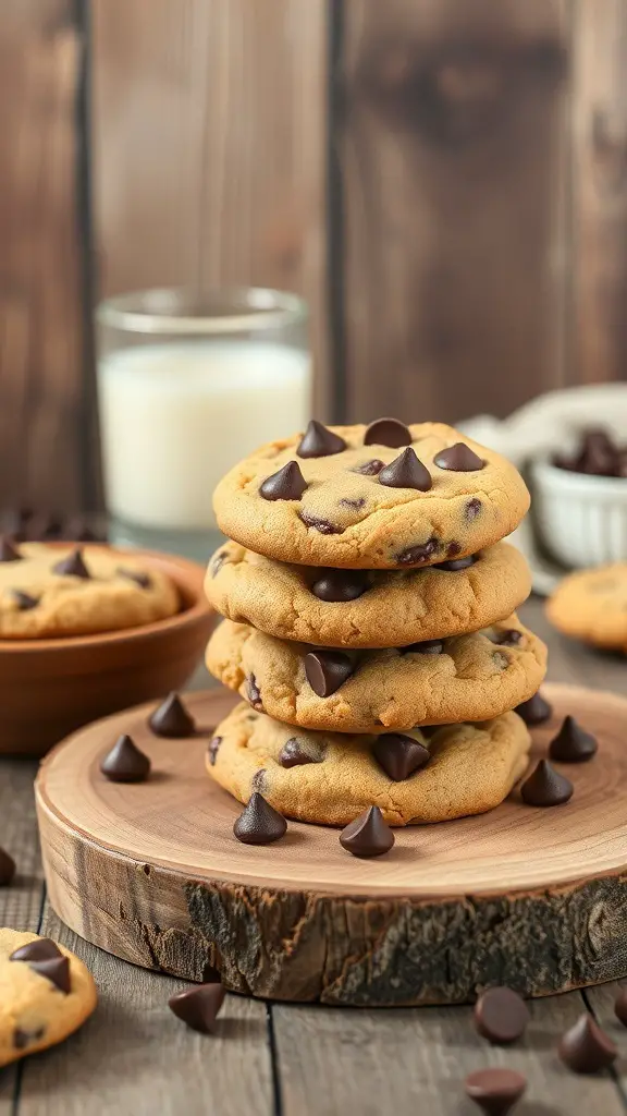 A stack of peanut butter chocolate chip cookies on a wooden board, with chocolate chips scattered around and a glass of milk in the background.