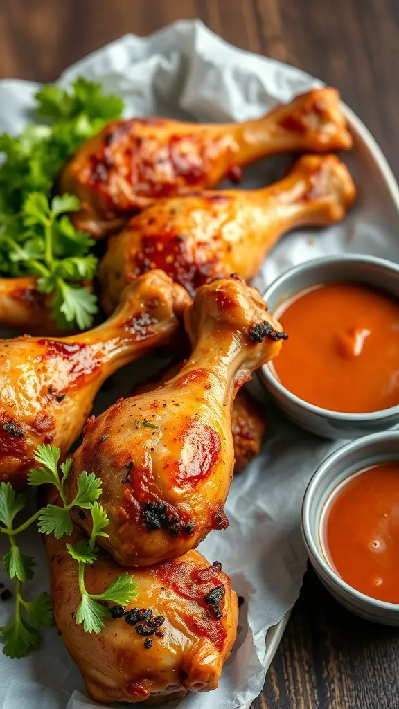 A platter of crispy baked chicken drumsticks garnished with cilantro and served with dipping sauces.
