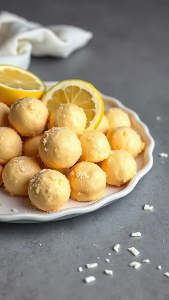 A plate of lemon coconut macaroons with lemon slices