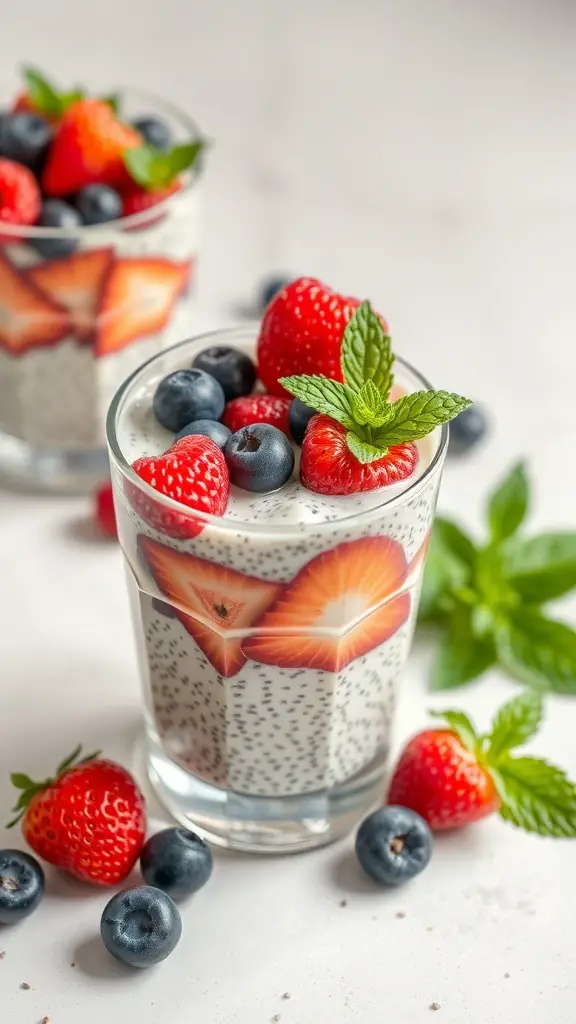 Chia seed pudding topped with strawberries and blueberries in a glass