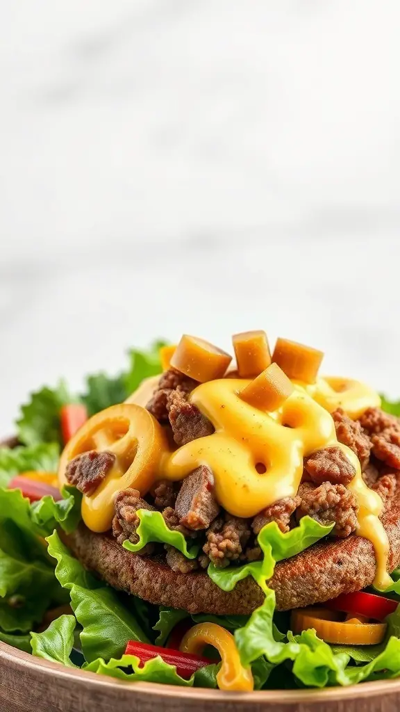 A delicious Keto Cheeseburger Salad with ground beef, cheese, and fresh greens.