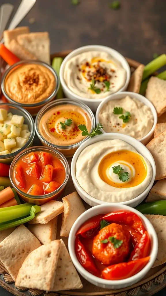 A mezze platter featuring various hummus styles and fresh vegetables.
