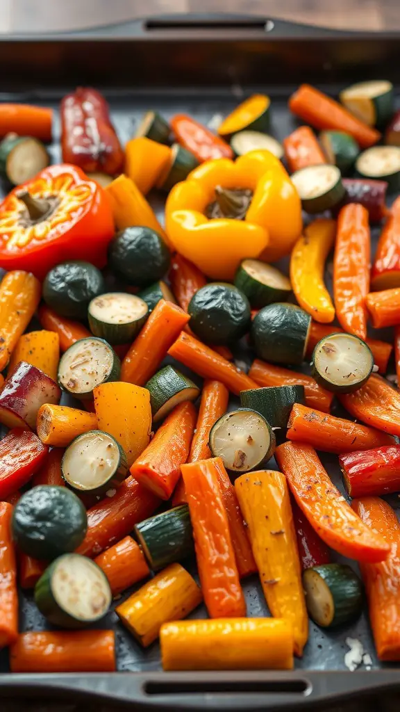 A colorful array of roasted vegetables including bell peppers, zucchini, and carrots on a baking tray.