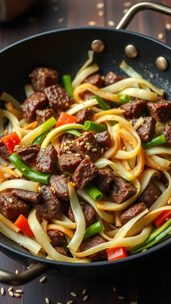 A colorful beef and cabbage stir-fry in a frying pan.