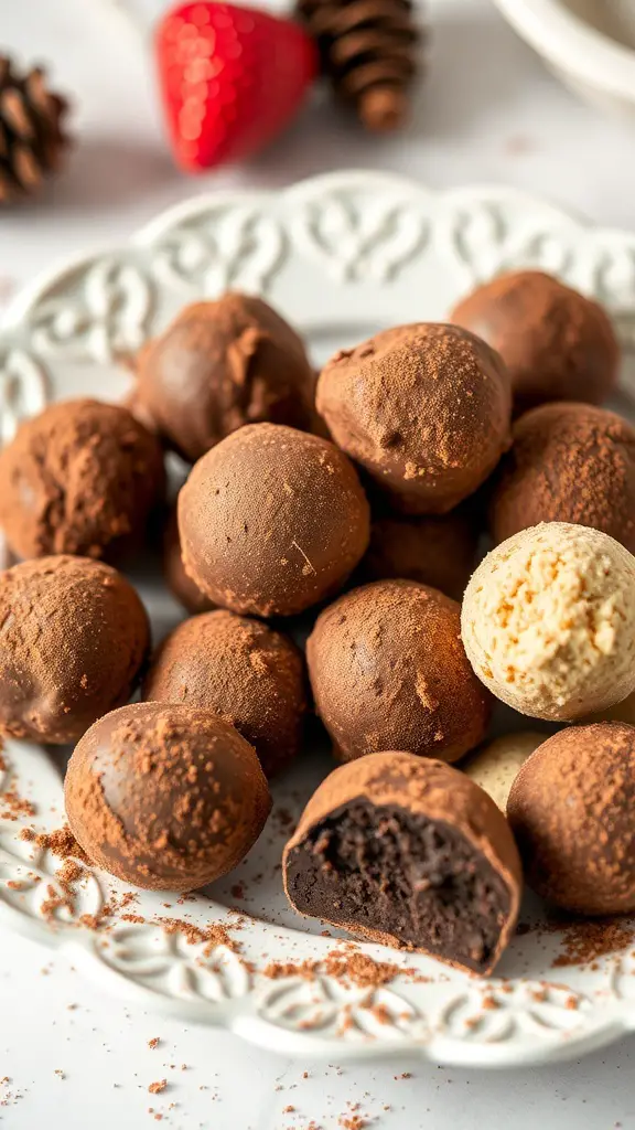 A plate of sugar-free chocolate truffles, some whole and some cut in half, showing a rich chocolate filling.