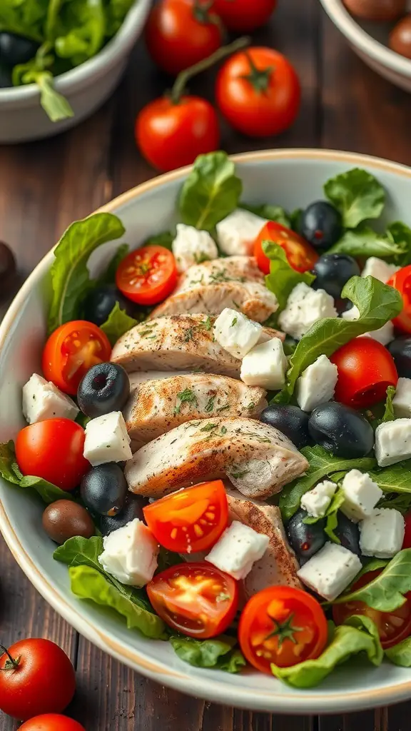 A bowl of Mediterranean chicken salad with grilled chicken, cherry tomatoes, olives, and feta cheese on a bed of greens.