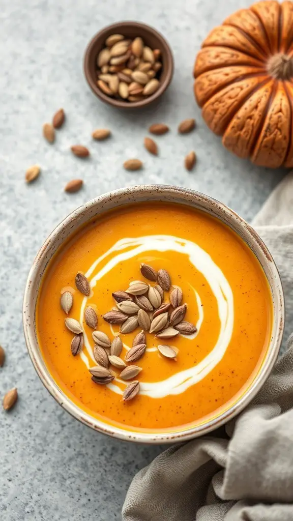 A bowl of sweet potato and tofu soup garnished with pumpkin seeds and a swirl of cream, with a pumpkin in the background.