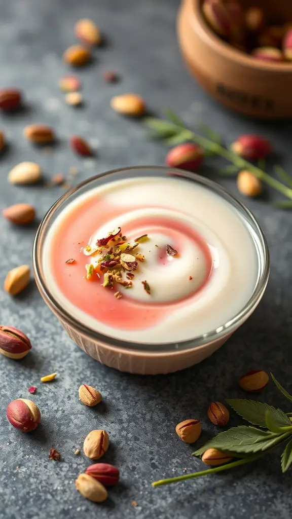 A bowl of pistachio and rose water pudding garnished with crushed pistachios and rose petals, surrounded by whole pistachios on a textured surface.