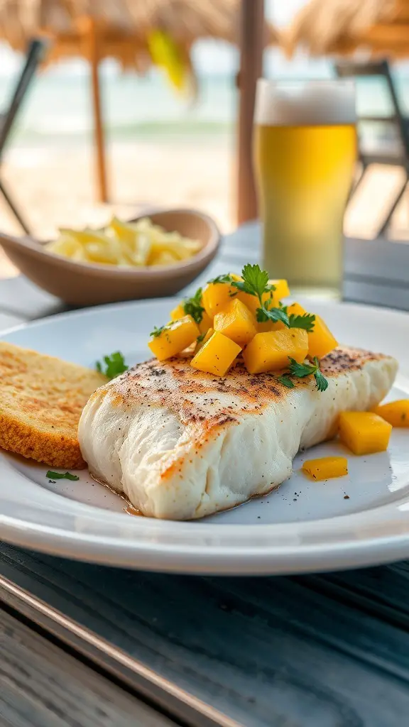 A plate of pan-seared mahi mahi topped with mango salsa, served with a slice of bread and a drink in the background.