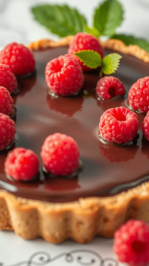 A chocolate raspberry tart topped with fresh raspberries and mint leaves.