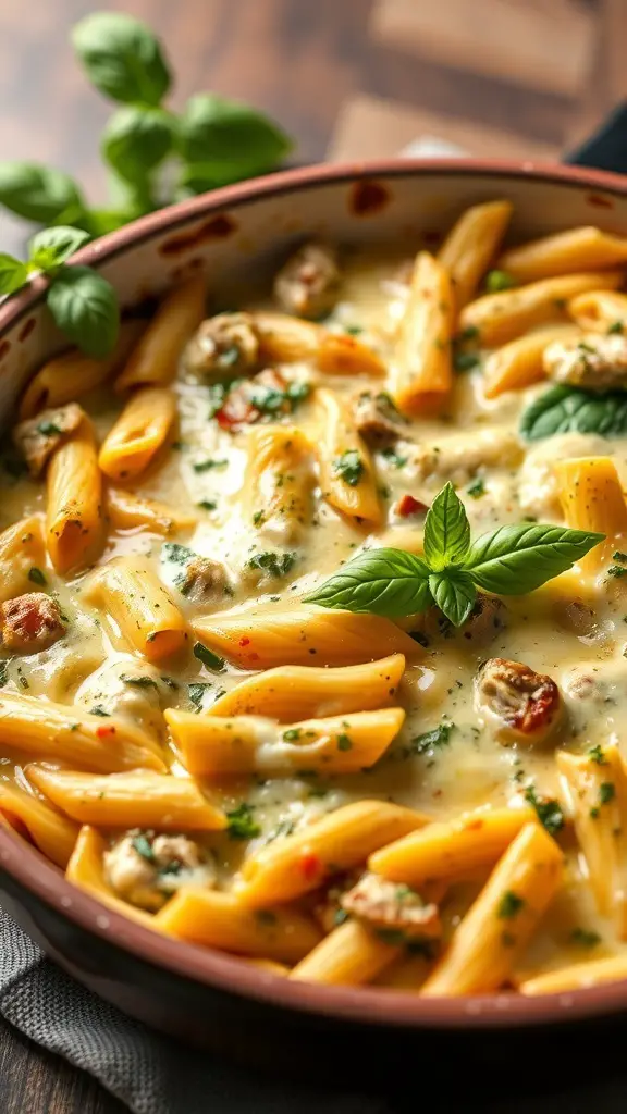 A delicious Pesto Chicken Pasta Bake with pasta, chicken, and fresh basil.