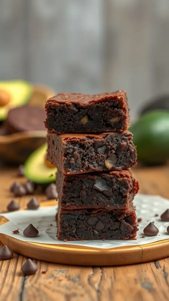 Stack of chocolate avocado brownies on a wooden plate with chocolate chips and avocados in the background.