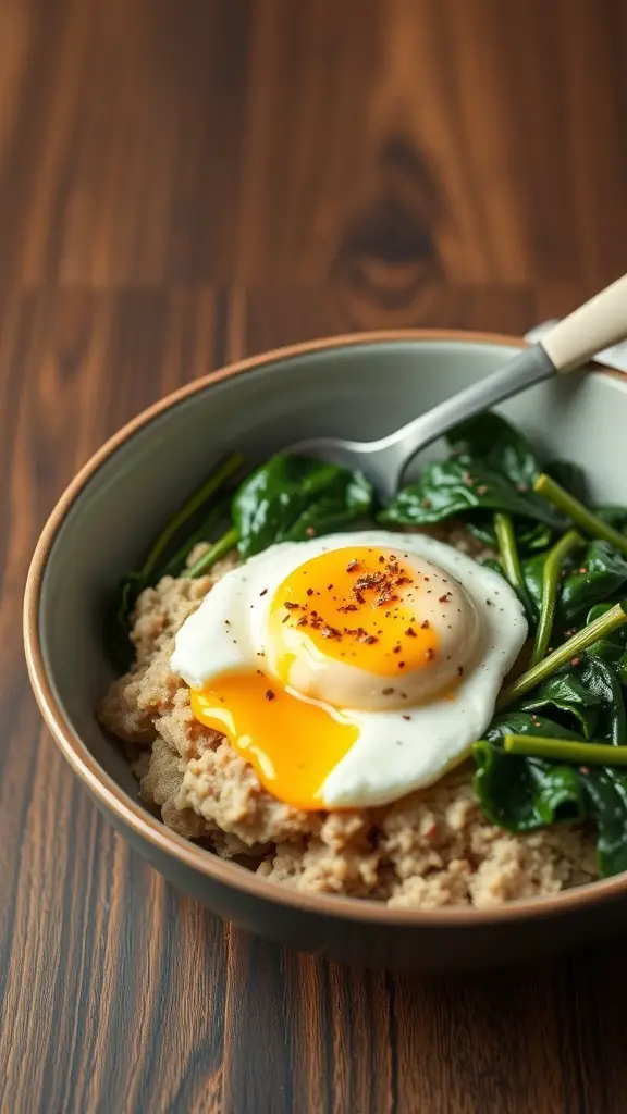 A bowl of savory oatmeal topped with spinach and a poached egg, served on a wooden table.