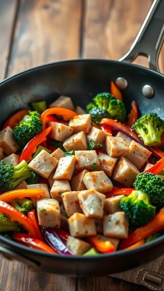 A colorful stir-fry with tuna, bell peppers, and broccoli in a frying pan.