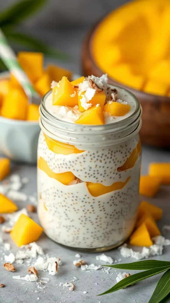 A jar of Mango Coconut Chia Pudding topped with mango chunks and shredded coconut.