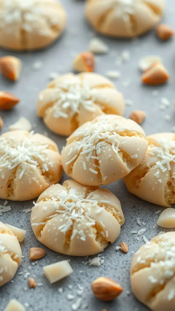 Delicious white chocolate macadamia nut cookies topped with shredded coconut.