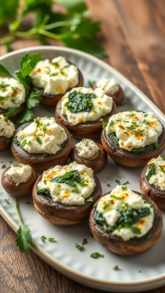 A plate of feta and spinach stuffed mushrooms, garnished with herbs.