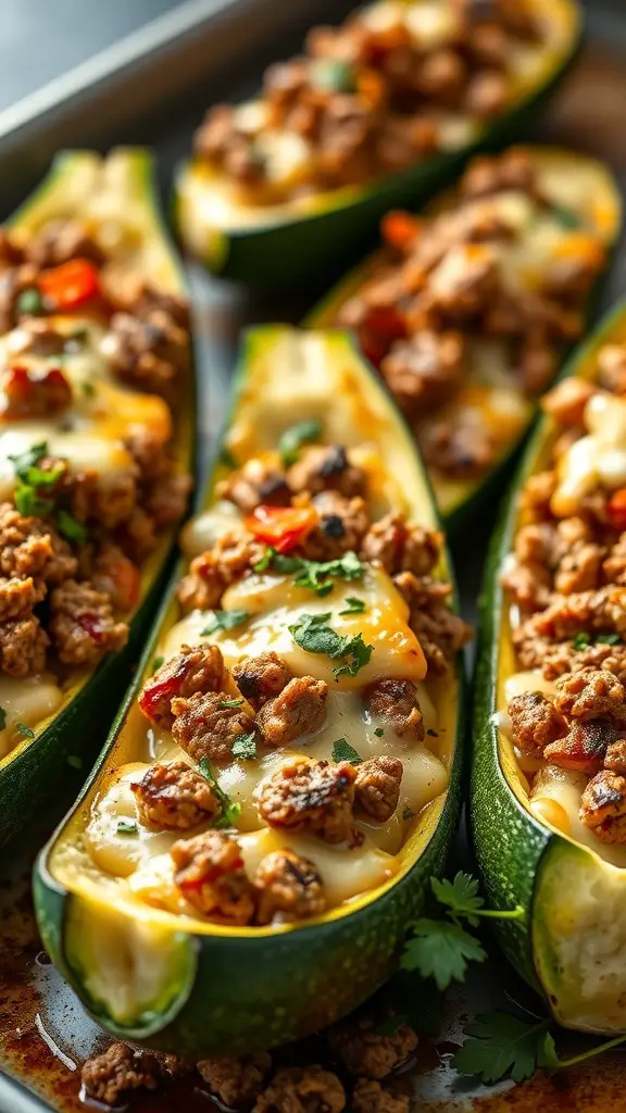 Keto stuffed zucchini boats filled with seasoned hamburger meat and cheese
