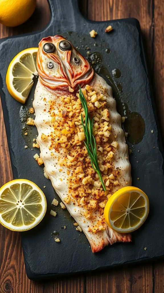 A beautifully baked flounder topped with garlic, Parmesan, and herbs, served with lemon slices.