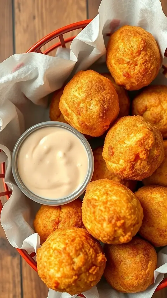A basket of golden hush puppies with a creamy dipping sauce
