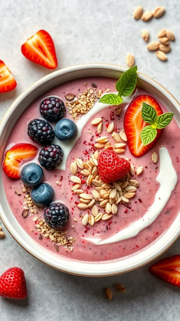 A colorful smoothie bowl topped with berries, oats, and mint leaves.