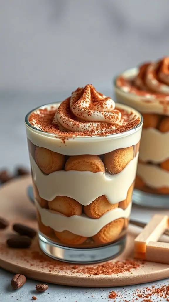Two tiramisu cups layered with mascarpone and ladyfingers, topped with cocoa powder.