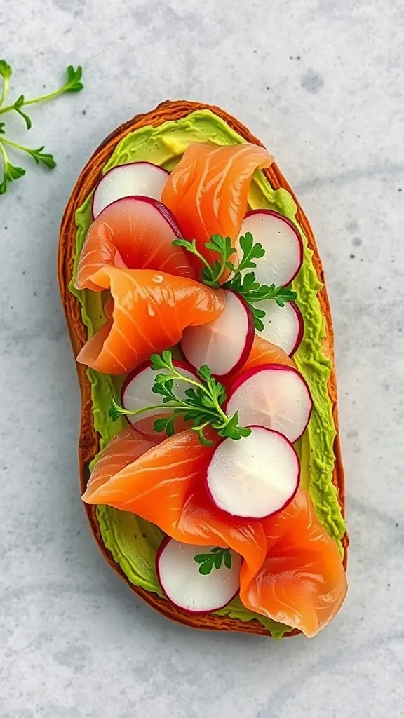 A slice of toast topped with avocado, smoked salmon, radish slices, and fresh herbs.