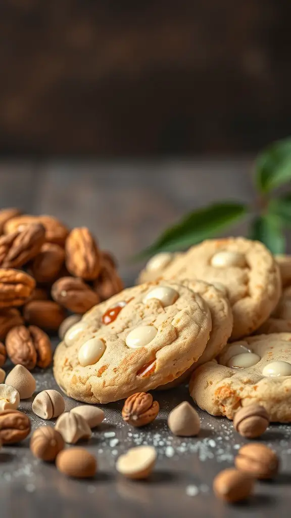 A close-up of white chocolate macadamia nut cookies surrounded by various nuts.