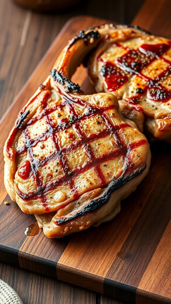 Grilled pork chops with grill marks and a glaze on a wooden cutting board.