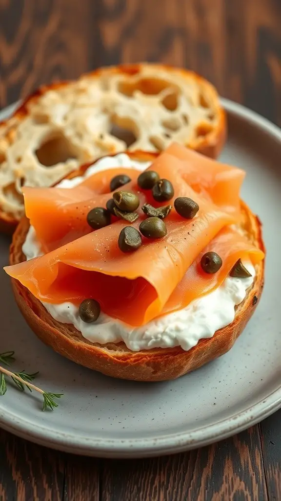A toasted bagel topped with cream cheese, smoked salmon, and capers on a plate.