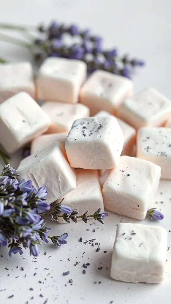 Lavender infused chocolate marshmallows with lavender flowers