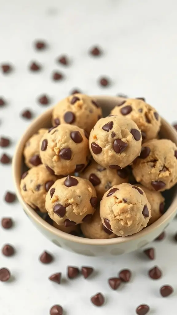 A bowl of chocolate chip cookie dough bites with chocolate chips scattered around.